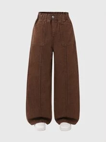 SHEIN 青少年女孩牛仔寬腿長褲，水洗黑牛仔，休閒百搭極簡日常校園風推薦，彈性腰頭舒適穿著，寬鬆修身，適合日常出遊、週末購物與用餐，開學季必備，四季百搭單品 - 咖啡棕 - 查看 6