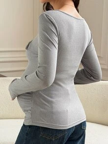 DAZY Solid Color Slim Fit Tie-Up Elastic Long Sleeve Casual Daily Korean Style Girl Autumn/Winter Maternity T-Shirt - Grey - View 2