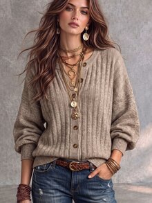SHEIN Casual Loose Round Neck Long Sleeve Ribbed Knit Cardigan In Apricot For Women, Autumn/Winter - Apricot - View 1