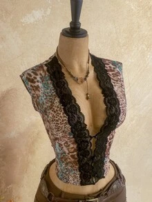 Ure Wave Women's Leopard Print Lace Patchwork Sexy Top - Multicolor - View 3