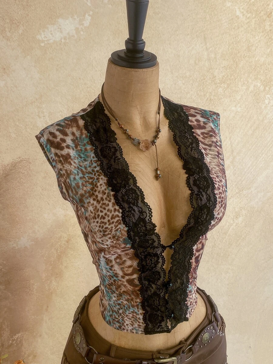 Ure Wave Women's Leopard Print Lace Patchwork Sexy Top - Multicolor - View 1
