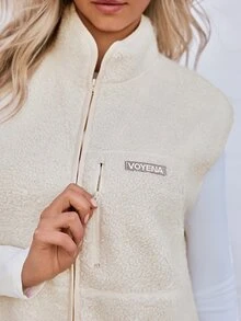 Voyena Plus Size Women's Fleece Sleeveless Jacket, Sports Padded Coat With Pockets - Beige - View 5