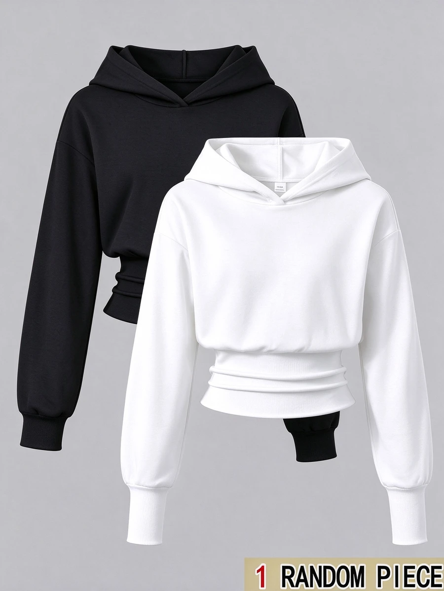 SHEIN 青少年女孩長袖連帽高腰黑色運動衫,萬聖節秋季基礎休閒風,適合健身房與學校穿著 - 白色 - 查看 1