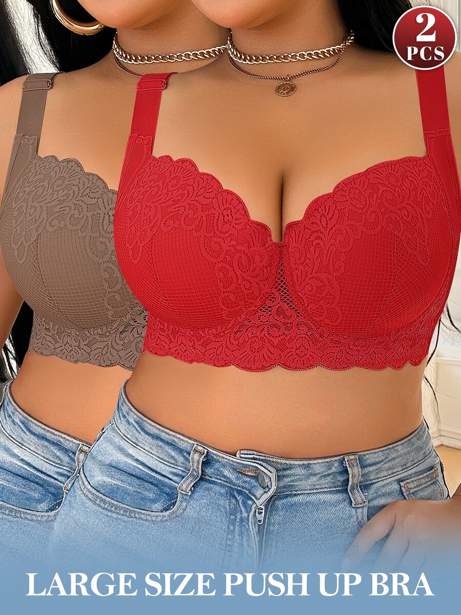 DesireSculpt 2pcs/Set Plus Size Lace Supportive Wireless Lift And Shaping Bras - Multicolor - View 1