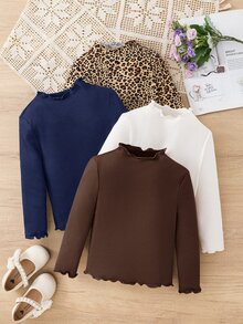 SHEIN 女童 4件組 豹紋印花與素色小高領荷葉邊針織布料T恤，百搭休閒日常穿著，適合學校、秋冬春季 - 彩色 - 查看 3