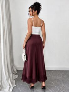 GlowEve CURVE Women's Plus Size Solid Color Satin Ruched A-Line Midi Skirt, Slimming Gentle Style, Spring/Summer Ruched Midi Skirt For Commute/Date, Elegant Commute Style Skirt, Fashionable Elegant Design, Suitable For Daily Wear, Commute, Date, Party, Home Leisure, Afternoon Tea, Outdoor Picnic - Burgundy - View 4