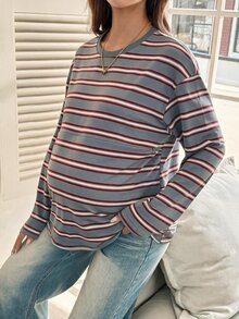 SHEIN 孕婦條紋哺乳T恤，休閒秋季穿著 - 彩色 - 查看 4