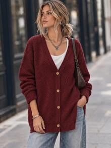 Elafinee Women's New Autumn/Winter Single-Breasted Dropped Shoulder Loose Mid-Length Ribbed Hem Casual Cardigan Sweater - Red - View 5