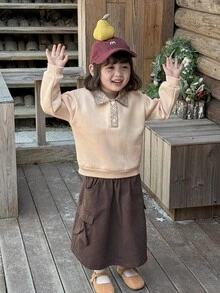 Dazy Kids Infant/Toddler (Girl) Collared Mesh Texture Long Sleeve Sweatshirt, Autumn/Winter - Apricot - View 2