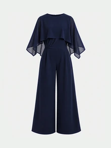 SHEIN Tween Girls Partywear Deep Tween Girl Blue Elegant Fitted Jumpsuit Tween Girl - Navy Blue - View 3