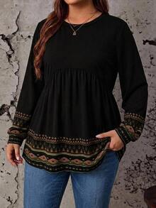 Travachic Plus Size Women's Black Boho Chic Geometric Border Print Babydoll Blouse, Crew Neck Long Sleeve Flowy Folkcore Tunic Top For Fall And Winter - Multicolor - View 5