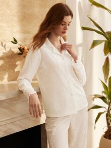 Moireta Women's Button-Up Top And Ruffle Hem Pants Pajama Set - White - View 5