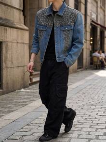 DAZY Men's Blue Washed Denim Jacket With Color Block Leopard Print Fabric, Spring/Autumn - Blue - View 8