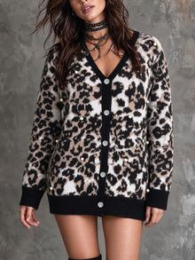 Linhara CURVE 1pc Women's Plus Size Dropped Shoulder Long Sleeve V-Neck Leopard Print & Bead Decor Vintage Casual Knit Cardigan, Suitable For Daily Commute, Spring And Autumn - Multicolor - View 3
