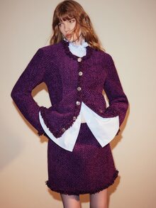 Arave Tweed Fabric Elegant Button Decor Loose Versatile Jacket And Frayed Design Skirt Women 2 Pieces Set - Purple - View 7