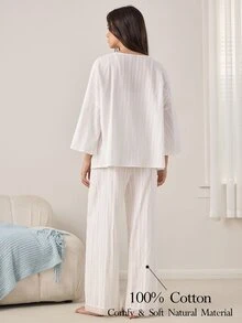 Ocili 100% Cotton Woven Texture Pure White Lace Patchwork Women's Pajama Set, Luxury Homewear 3 Pieces Set - White - View 3