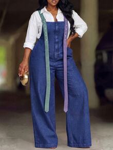 Slaydiva Plus Size Women Casual Daily Denim Jumpsuit - Blue - View 3
