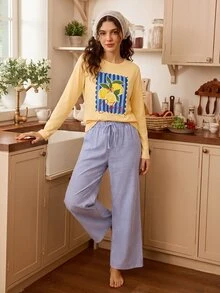 Tulorae Women's Pastoral Farm Lemon Print Round Neck Long Sleeve Woven Pants Pajama Set - Yellow - View 1