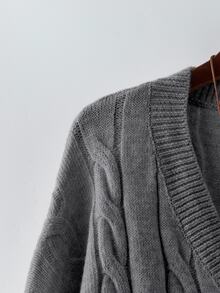 Linhara Plus Size V-Neck Cable Knit Long Sleeve Pullover Sweater And Pants Casual Set - Grey - View 4