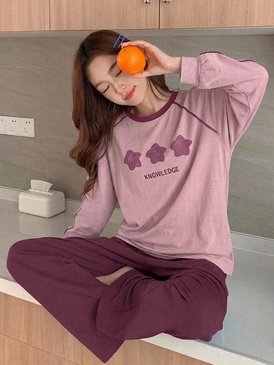DAZY Minimalist Star Print Loose Short Sleeve Top And Long Pants 2 Pieces Set Women's Loungewear - Purple - View 1