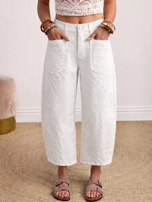 SHEIN PETITE 女款口袋設計休閒錐形牛仔褲 - 白色 - 查看 3