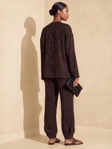 Vesra Women's Jacquard Frog Button Long Sleeve Top And Pants 2 Pieces Set - Chocolate Brown - View 2