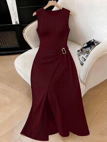 GlowEve CURVE Plus Size Versatile Textured Button Decor Sleeveless Dress - Burgundy - View 5