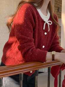 Dazy Kids 女童大童寬鬆波點撞色蝴蝶結裝飾可愛秋冬針織開襟衫 - 紅色 - 查看 6