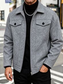 Manfinity Homme 男士成熟休閒純色深灰色大衣 - 淺灰色 - 查看 5