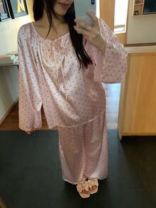 DAZY 2pcs/Set Women's Satin Polka Dot All-Over Print Loose Long Sleeve Top & Straight Leg Long Pajama Pants Sleepwear Set - Pink - View 3
