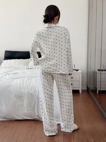 Napfluff Heart Print Lapel Collar With Floral Trim 100% Cotton Comfortable Long Sleeve & Long Pants Pajama Set - White - View 2