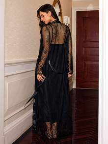 Slumberist Women's Sexy Lingerie Set - Lace Eyelash Trim Robe With Belt And Camisole Long Dress - Black - View 2