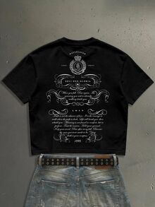 StoneGrade American Vintage English Typography Fashion Print Pattern Men's Black Standard Size Cropped Loose Fit Short Sleeve T-Shirt - Black - View 1