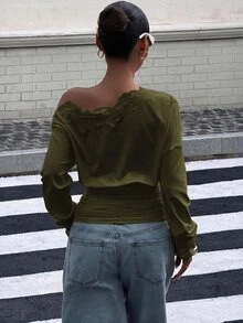 Muchica Women's Contrast Lace Asymmetric Shoulder Long Sleeve Fashion T-Shirt - Army Green - View 2