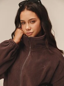 OutZeal Women Outdoor Fleece Gym Casual Stand Collar Relax Fit Zip Up Jacket Winter Fall - Coffee Brown - View 8