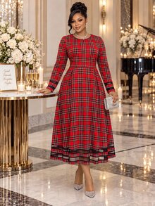 Fleurora Plus Size Fashion Plaid Pleated Long Sleeve Dress - Red - View 7