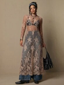 Freevana 大尺碼波希米亞復古風黑色蕾絲洋裝，優雅百搭日常穿著，春季新款派對女裝，網紗透視長洋裝，適合秋季 - 卡其色 - 查看 3