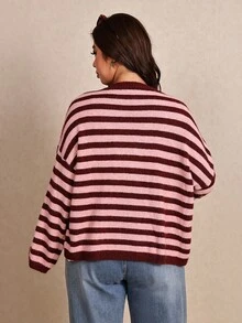 Elaquor Plus Size Women's Striped Drop Shoulder Long Sleeve Single-Breasted Casual Knit Cardigan - Pink - View 2