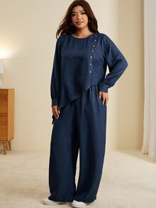 Linhara Women's Plus Size Textured Casual Versatile Elegant Blue 2 Pieces Set For Autumn/Winter, Suitable For Office, Home, Dating - Blue - View 7