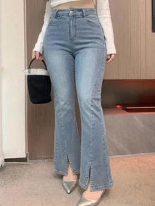 Dazy Plus Quần jeans skinny ống loe xẻ gấu co giãn mài rách phong cách vintage, thanh lịch đa năng, kiểu mới cho xuân/thu - Rửa nhẹ - Xem 4