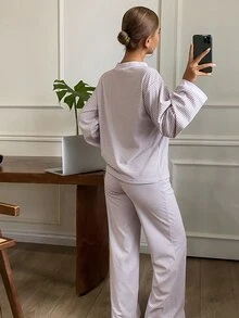 Livesso Women's Striped Long Sleeve Top And Pants Casual Daily Loungewear Set - Purple - View 2