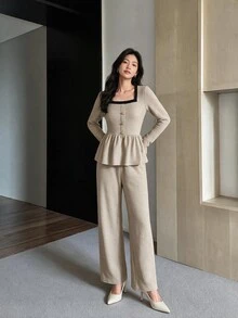 Yumoku Women's Contrast Trim Ruffle Patchwork Top And Long Pants Sweet 2 Pieces Set - Apricot - View 5