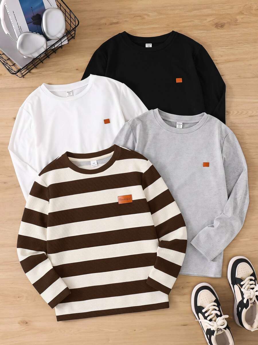 SHEIN Little Byeori Kids Tween Boys Striped Crew Neck T-Shirt, Urban Street Style Pullover, Casual Fashion Creative Personalized - Brown - View 1