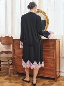 Côtesoire Women's Lace Patchwork Camisole Nightgown And Cardigan Casual Daily Home Sleepwear Set - Black - View 2