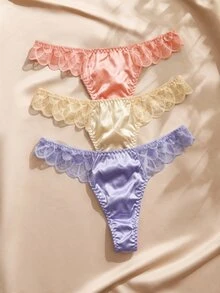 Charlaine 3pcs Multi-Color Lace Patchwork Satin Satin Romantic French Elegant Exquisite Women's Thong Panties For Vacation, Wedding, Daily Wear - Multicolor - View 1