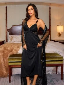 Slumberist Women's Sexy Lingerie Set - Lace Eyelash Trim Robe With Belt And Camisole Long Dress - Black - View 5