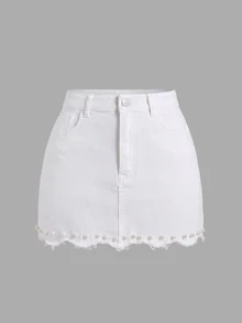 GlowEve Women's Casual Daily Denim Skirt With Pockets And Buttons - White - View 3
