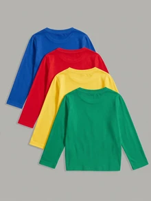 SHEIN Playful Pals 4件裝小男孩純色長袖T恤，日常休閒圓領上衣，秋冬內搭衫，秋季服飾，秋季風格，套頭衫，黑色上衣 - 彩色 - 查看 2
