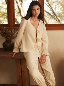Lullawish Bohemian Casual Bowknot Lace Patchwork Cotton Comfortable Women's Pajama Set - Khaki - View 6