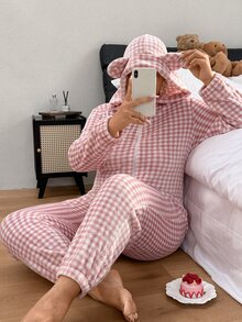 Napfluff CURVE Napfluff CURVE Plus Size Plaid Print Comfortable Hooded Fluffy One-Piece Pajamas Winter Style - Pink - View 1